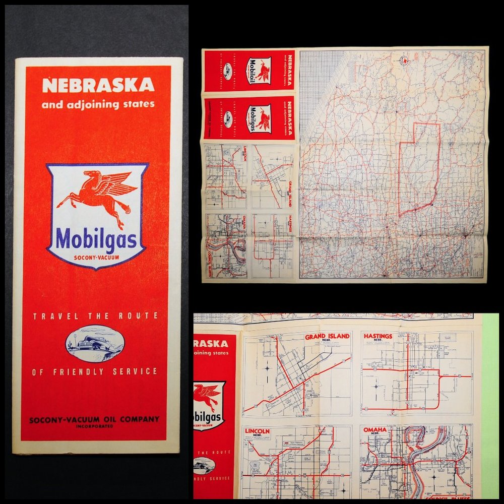 Vintage 1952 NEBRASKA & Adjoining States Travel Road Map Mobil Gas Wall Decor